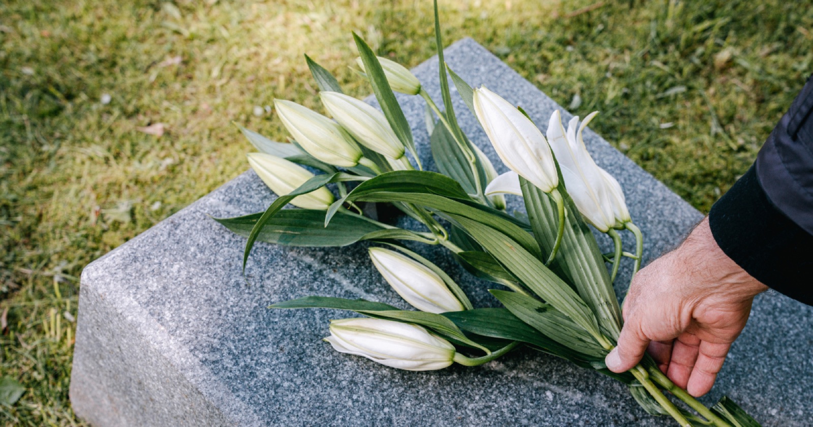 White lilies laid gently on a headstone