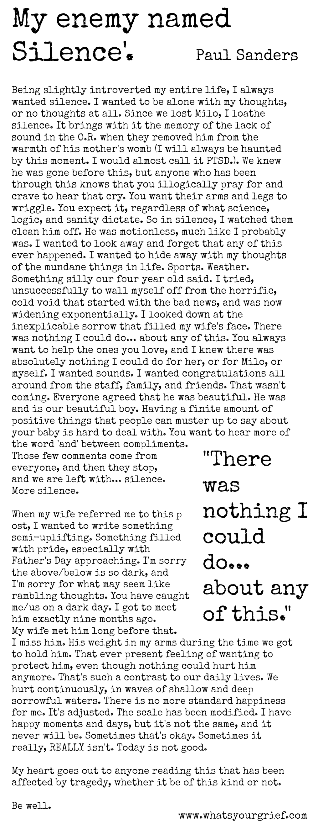 Paul Sanders; my enemy named silence; letter from a grieving dad