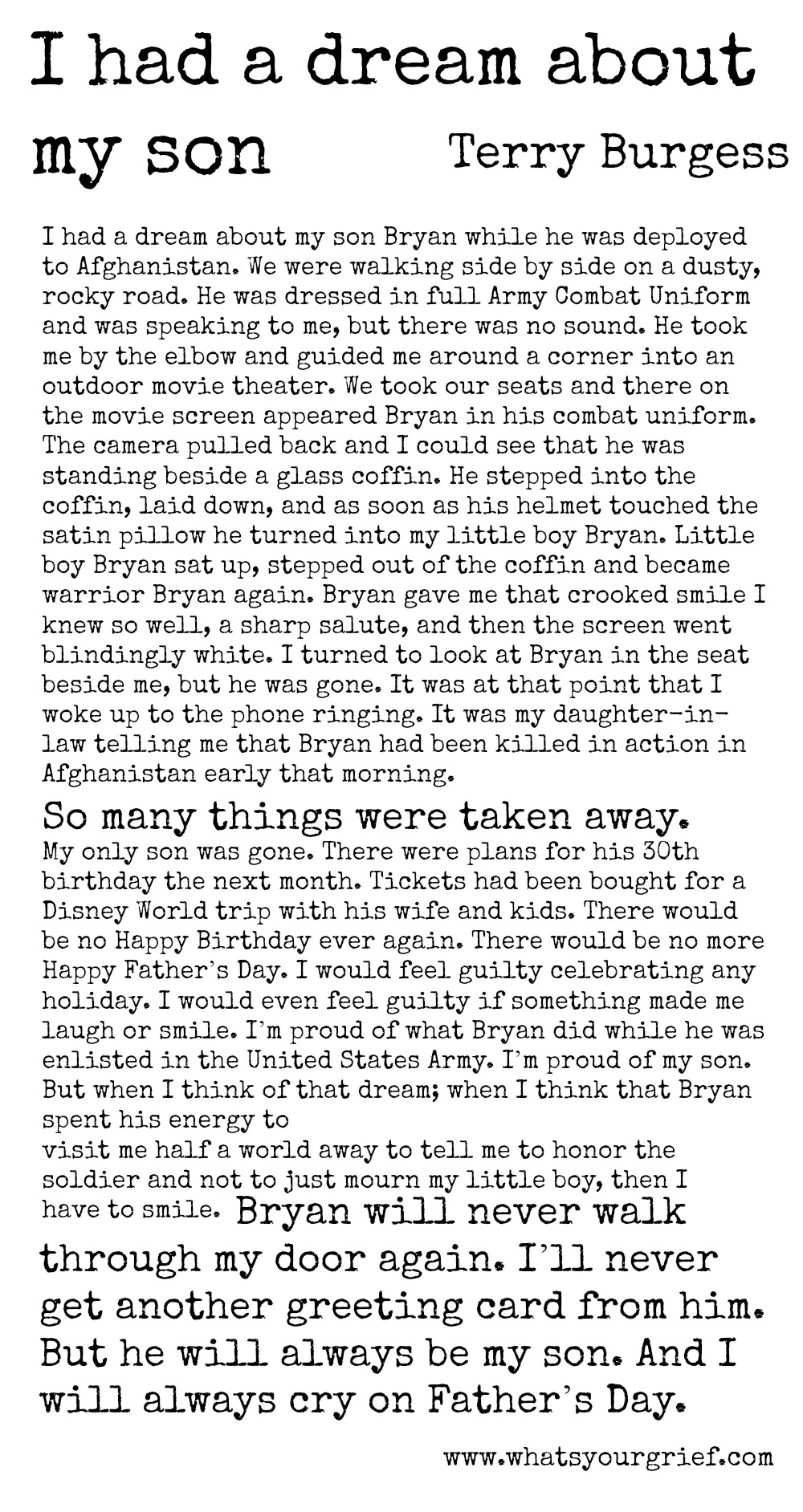 Terry Burgess; I had a dream about my son; letter from a grieving dad