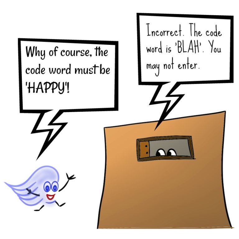 person trying to enter a room: "why of course, the code word must be HAPPY" "incorrect, the code word is BLAH. you may not enter"