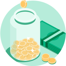Jar with some coins inside and some cash on the side. Jar with some coins inside and some cash on the side.